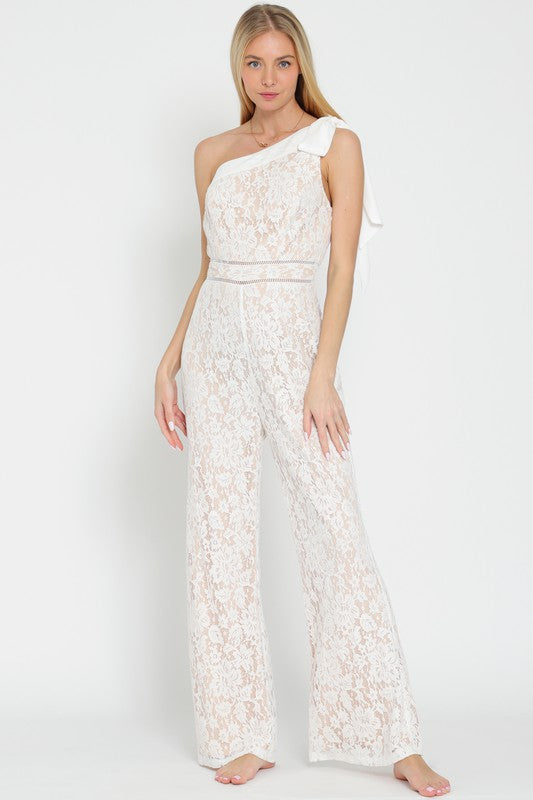 White lace off sales the shoulder jumpsuit