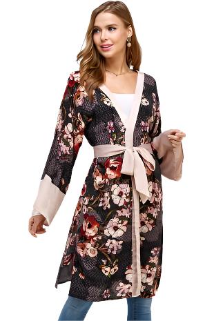 Long Sleeve Satin Trim Waist Tie Floral Kimono