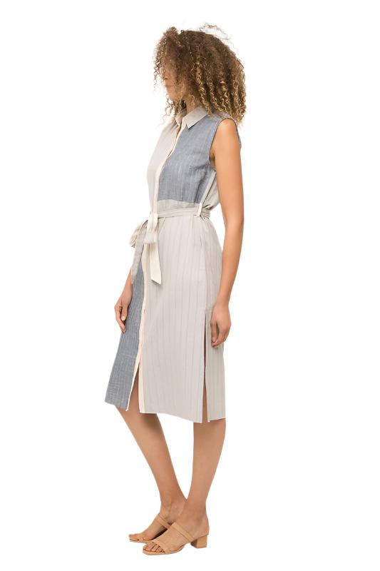 Mix Media Waist Tie Sleeveless Shirt Dress