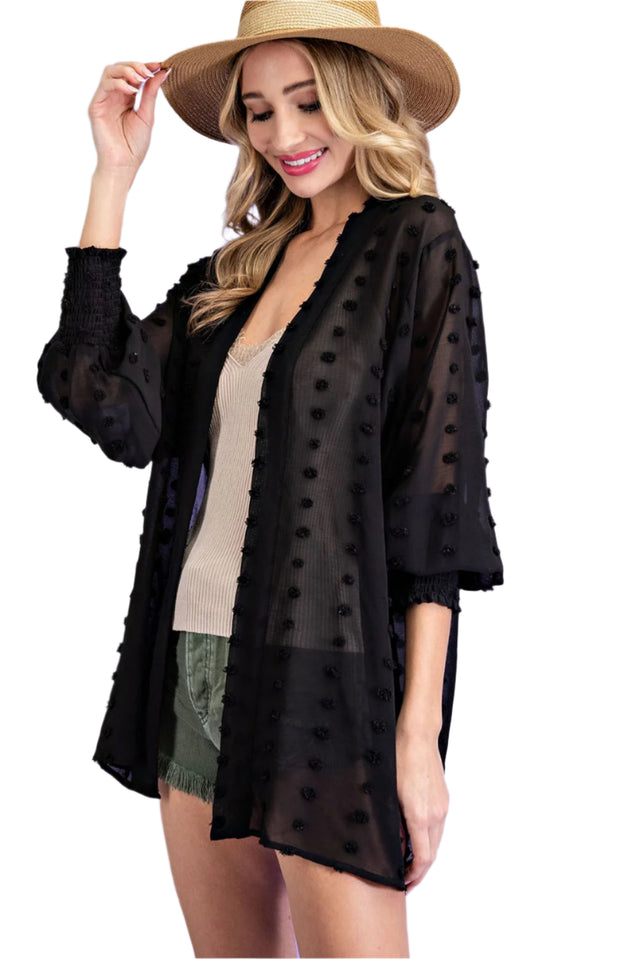 Tufted Dot Smocked Open Front Cardigan