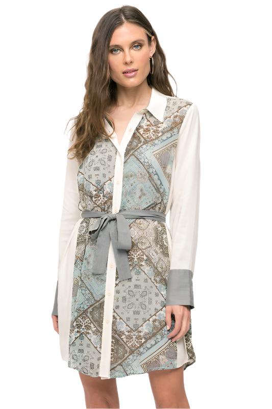 Print Mix Waist Belted Tunic Shirt Dress