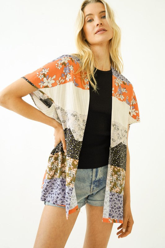 Mixed Print Flowy Open Cardigan