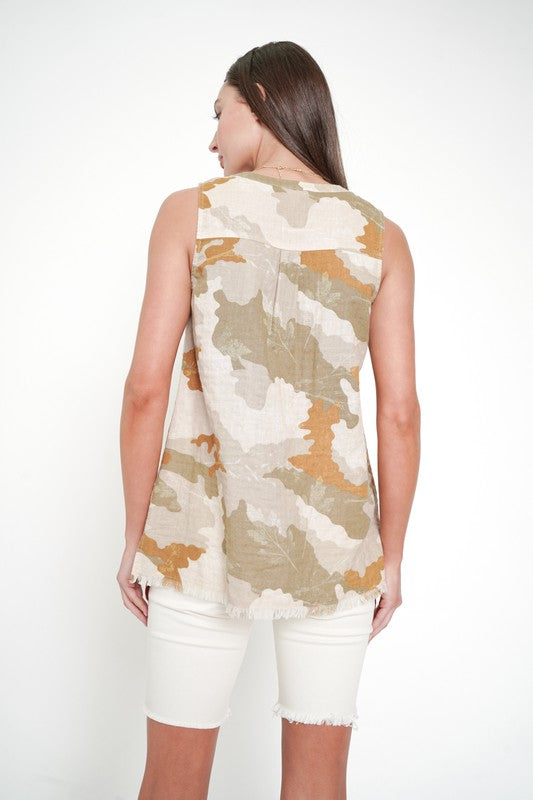 Split Neck Sleeveless Camo Top