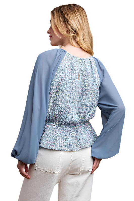 Tweed and Chiffon Mixed Peplum Top