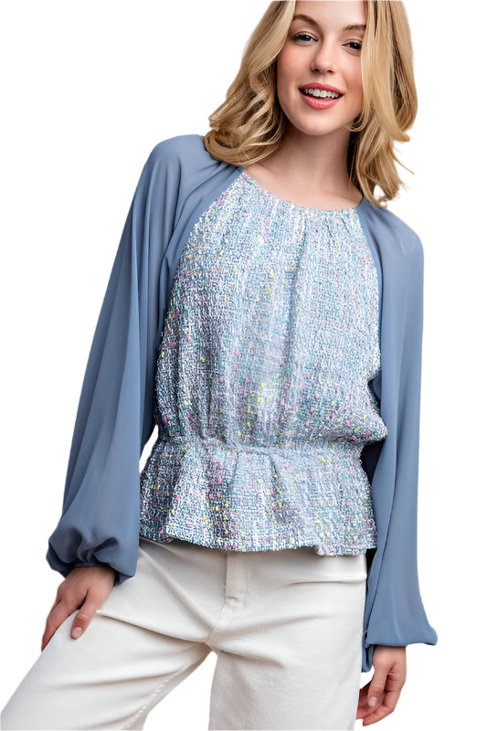 Tweed and Chiffon Mixed Peplum Top