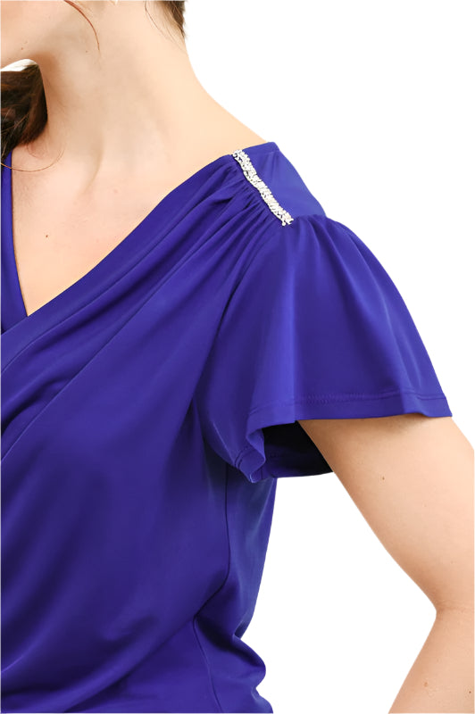 Draped Neckline Cascade and Rhinestone Trim Top