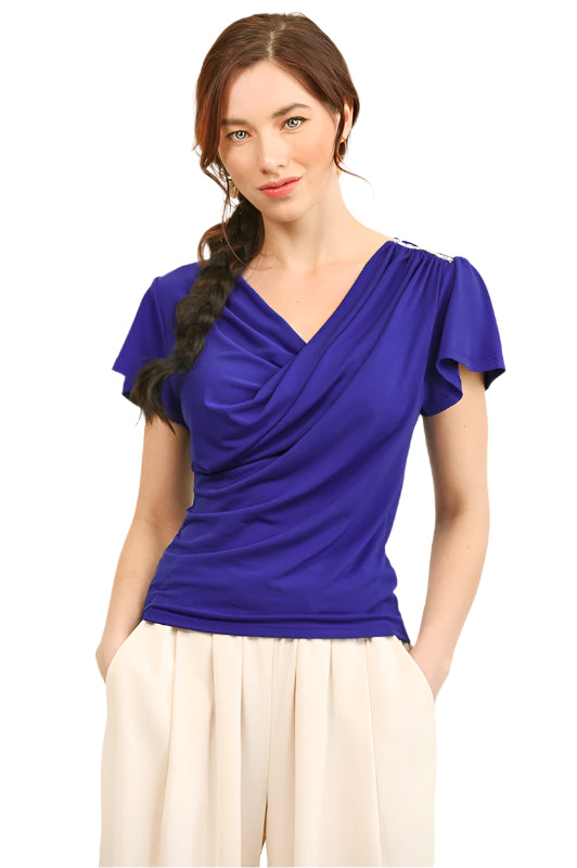 Draped Neckline Cascade and Rhinestone Trim Top