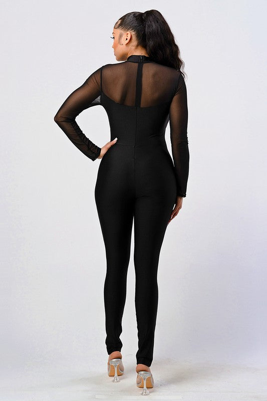 Long sleeve mesh sales jumpsuit