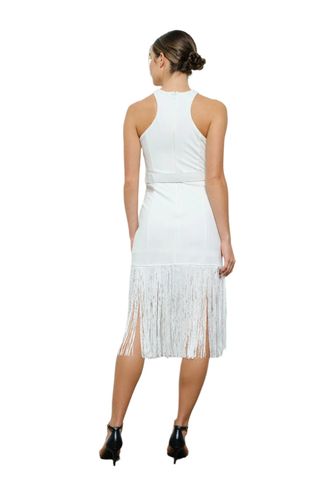 Sleeveless Fringe Trim Buckle Belt Midi Dress