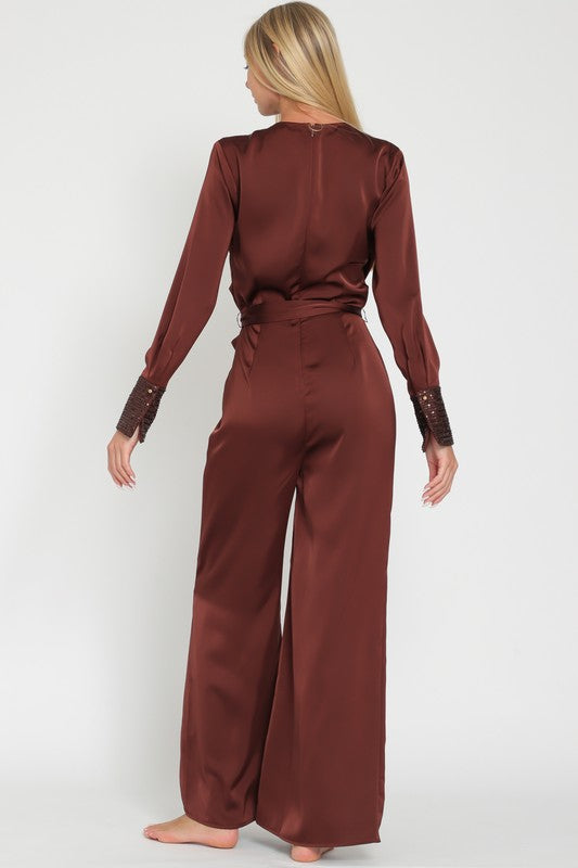 Cowl Belted Sequin Sleeve Band Detailing Jumpsuit