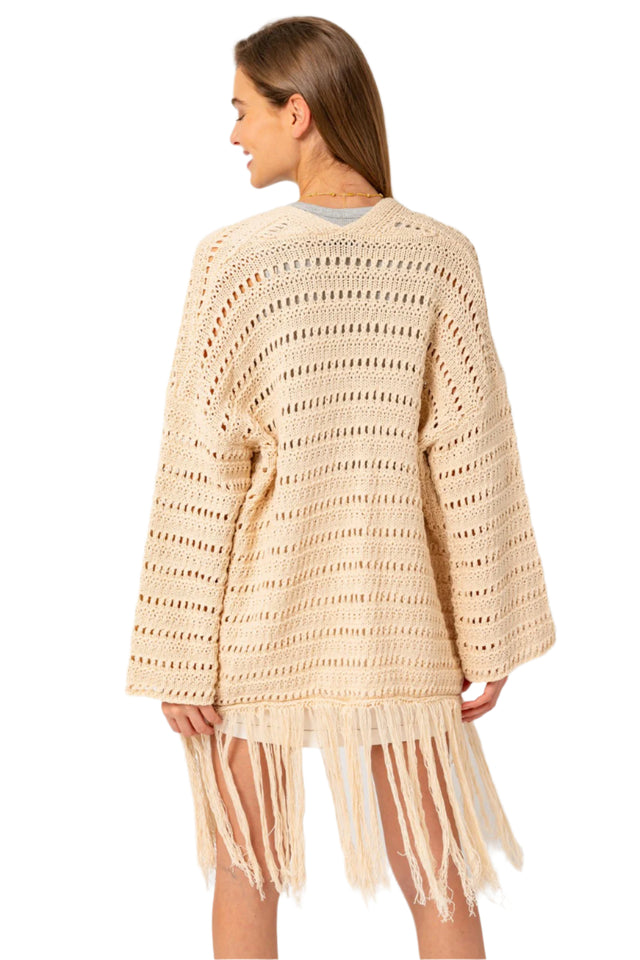 Long Sleeve Pointtelle Fringe Sweater Cardigan