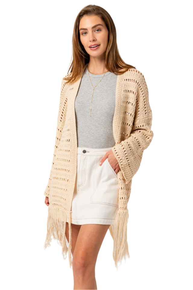 Long Sleeve Pointtelle Fringe Sweater Cardigan