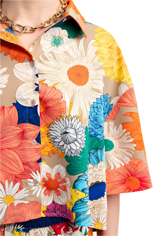 Vibrant Floral Print Cropped Button Down Shirt