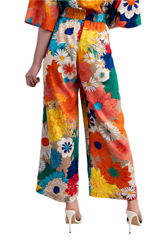 Vibrant Floral Print Elastic Waist Pants