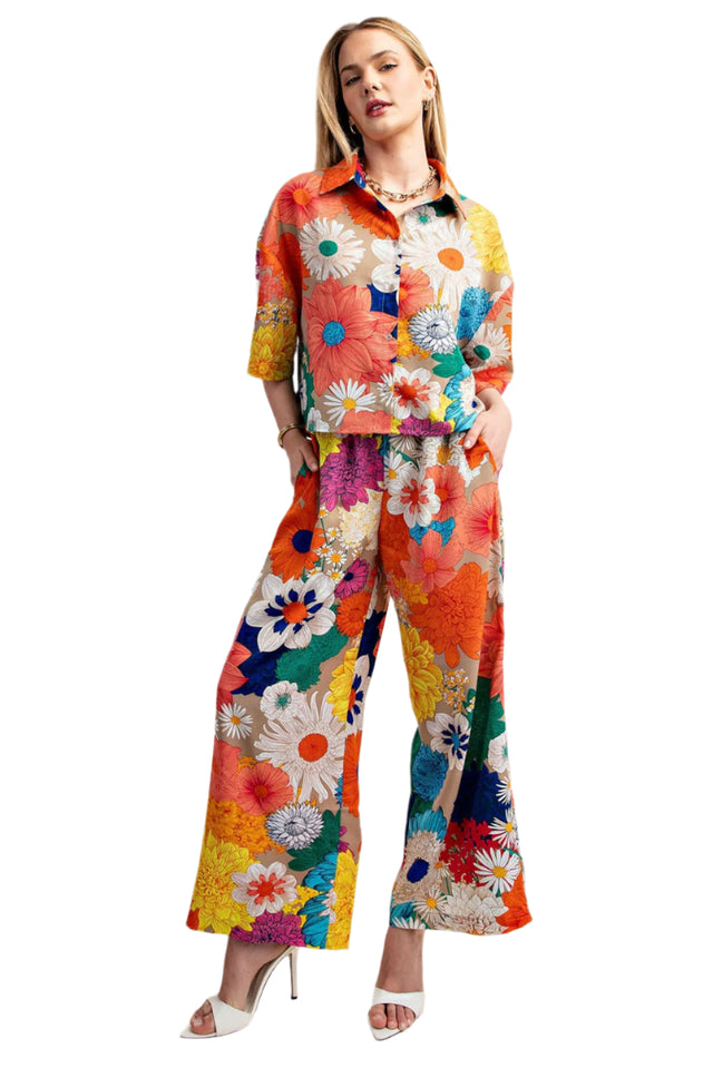 Vibrant Floral Print Elastic Waist Pants