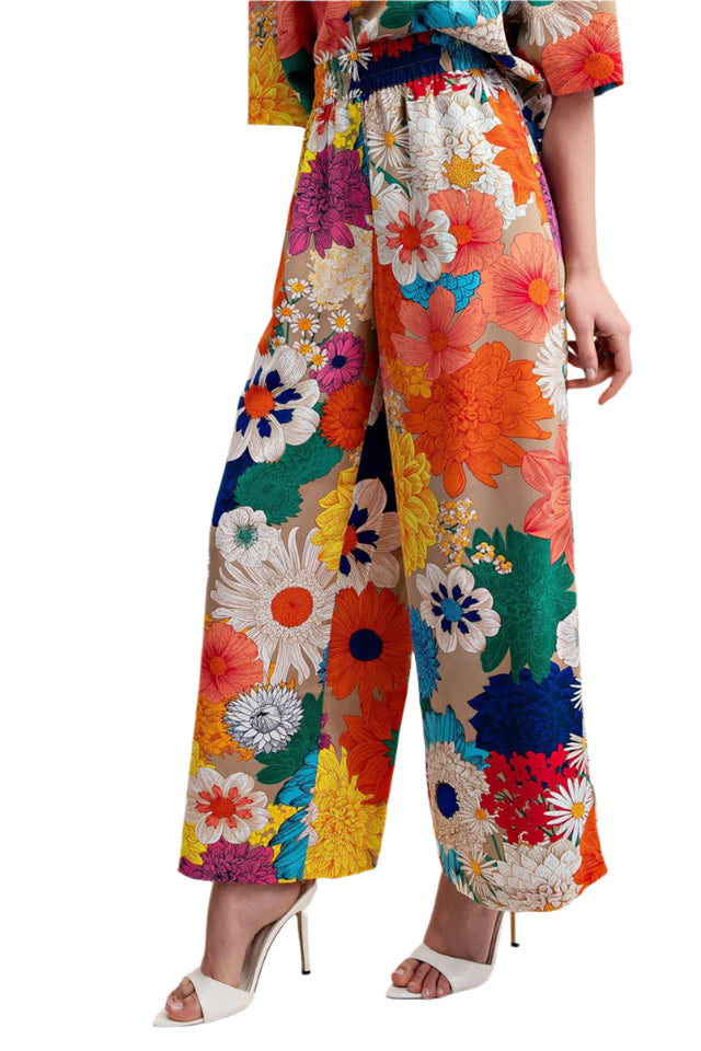 Vibrant Floral Print Elastic Waist Pants