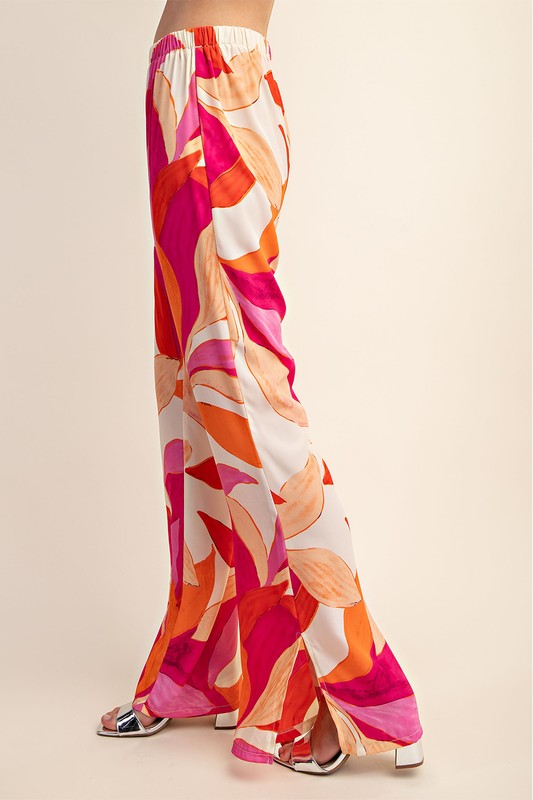 Printed Wide Leg Pants with Flared Slits