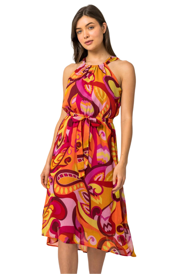 Sleeveless Halter Neck Abstract Midi Dress