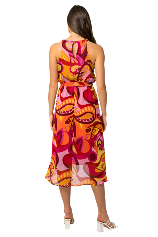 Sleeveless Halter Neck Abstract Midi Dress