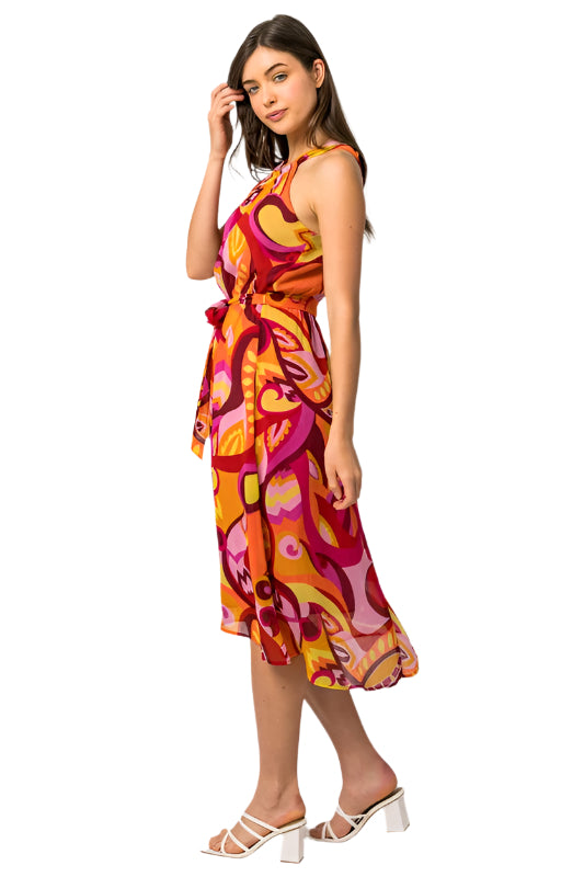 Sleeveless Halter Neck Abstract Midi Dress