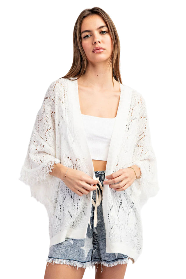 Pointelle Knit Fringe Kimono