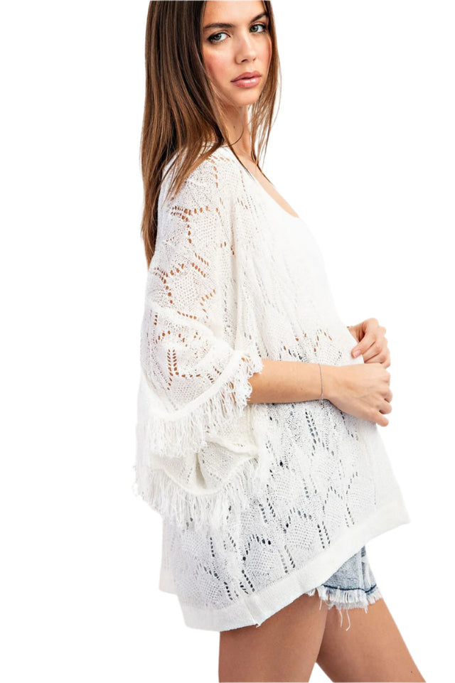 Pointelle Knit Fringe Kimono