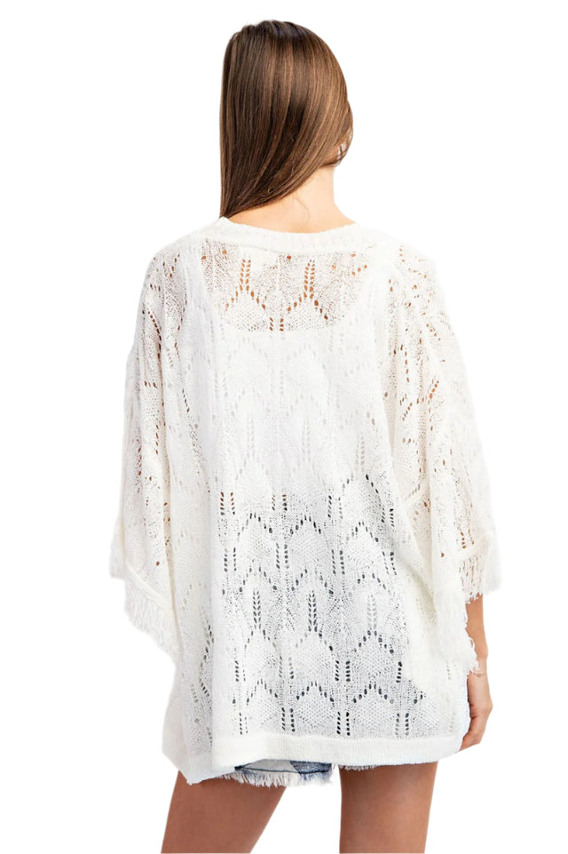 Pointelle Knit Fringe Kimono