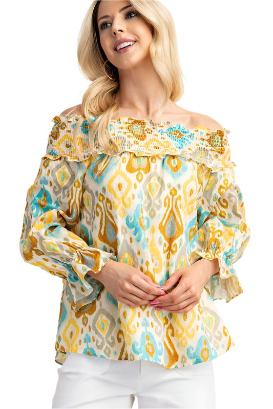 Printed Smocked Off The Shoulder Blouse