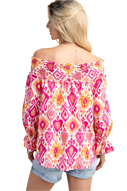 Printed Smocked Off The Shoulder Blouse