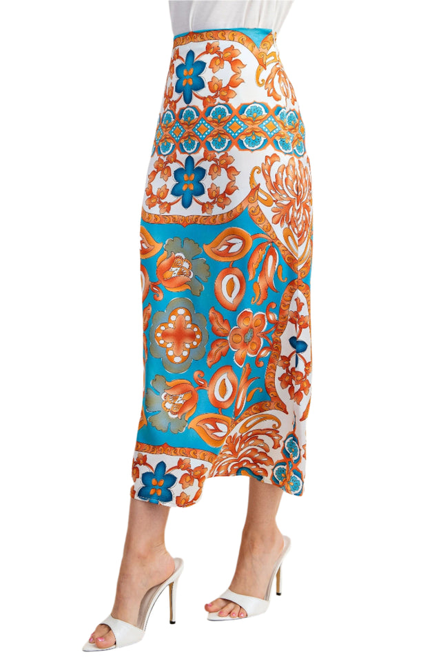 Colorful Printed Satin Midi Skirt