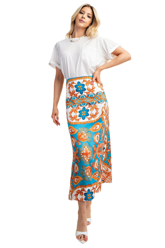 Colorful Printed Satin Midi Skirt