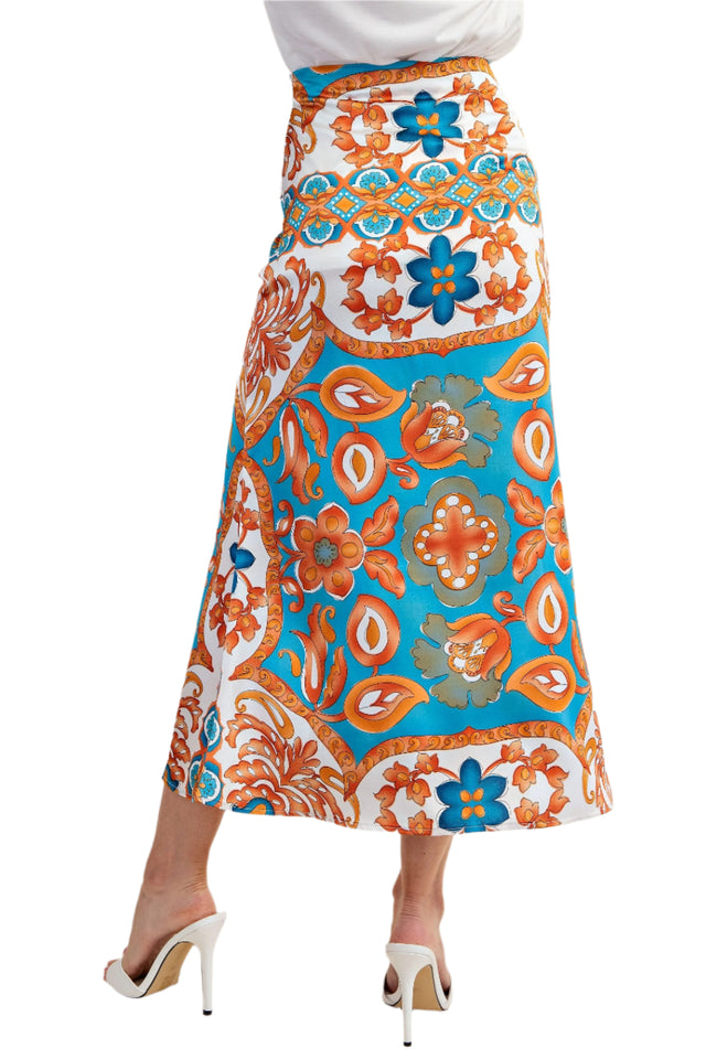 Colorful Printed Satin Midi Skirt