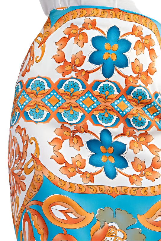 Colorful Printed Satin Midi Skirt