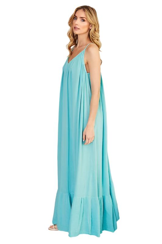 Open Woven Elastic Neckline Ruffle Maxi Dress