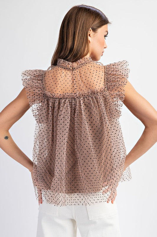 Polka Dot Printed Tulle Short Sleeve Top