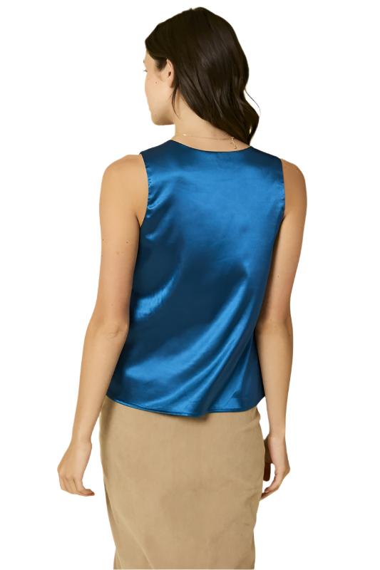 Sleeveless V Neck Shoulder Pleated Satin Top