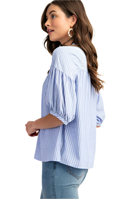 Striped Blouse with Quarter Length Bubble Sleeves