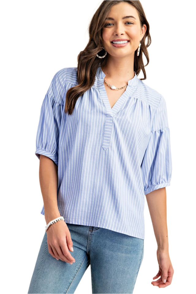 Striped Blouse with Quarter Length Bubble Sleeves