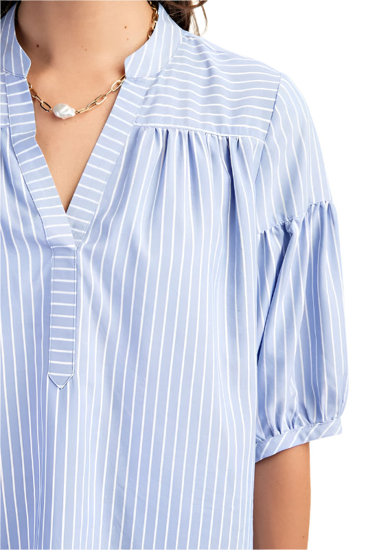 Striped Blouse with Quarter Length Bubble Sleeves