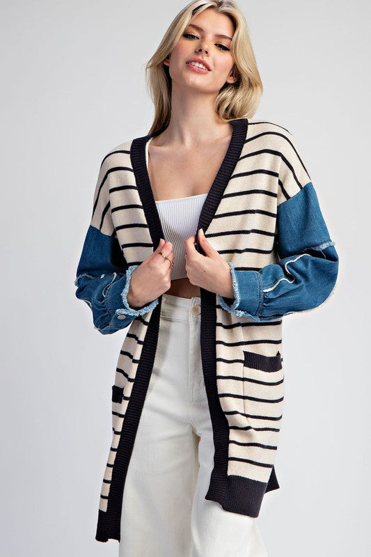 Striped Cardigan with Denim Sleeves