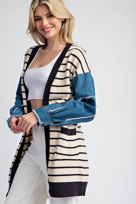 Striped Cardigan with Denim Sleeves