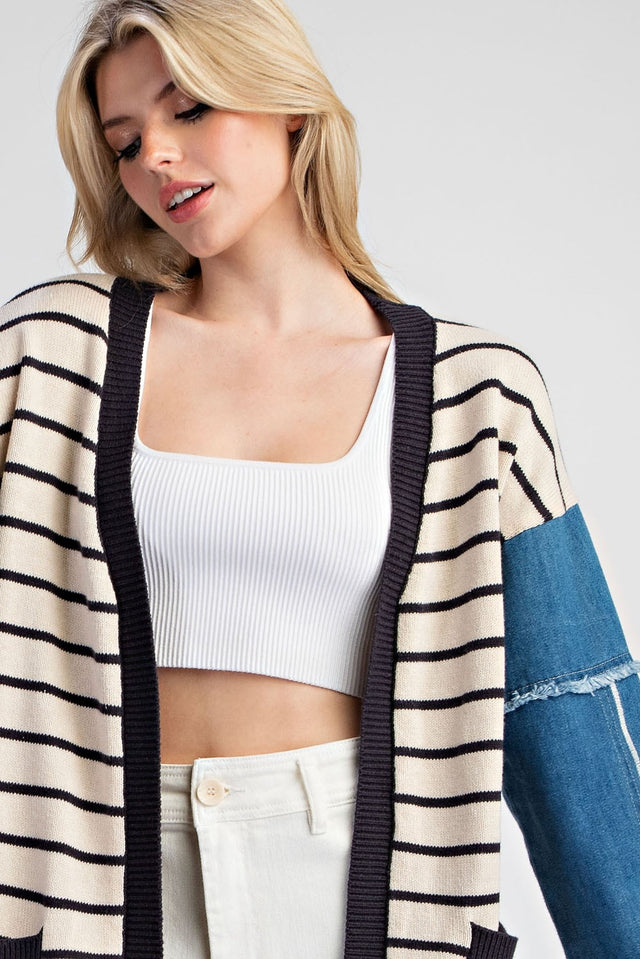 Striped Cardigan with Denim Sleeves