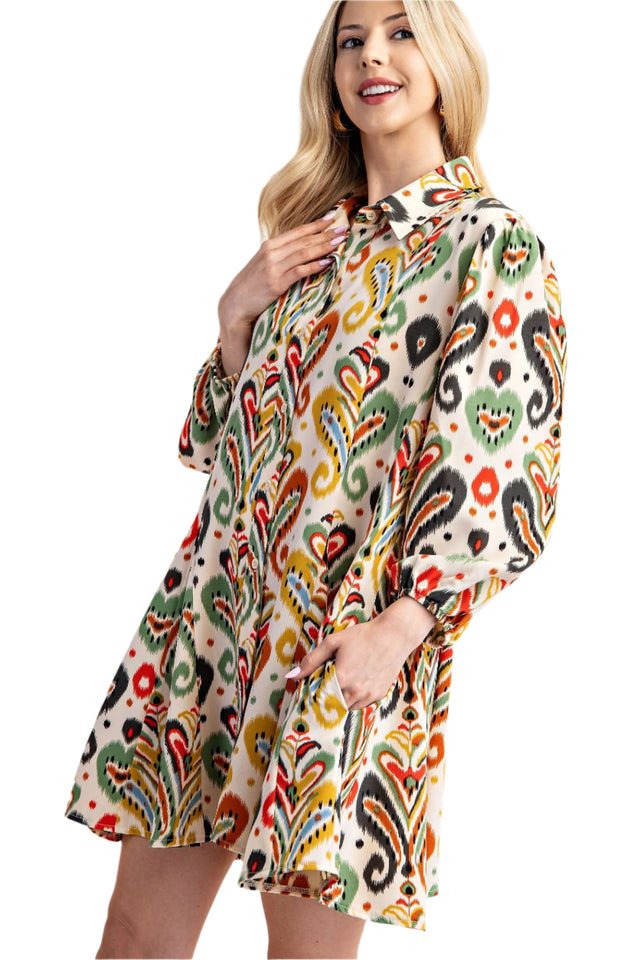 Print Button Down Shirt Dress with Puff Sleeves