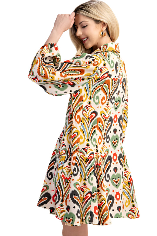 Print Button Down Shirt Dress with Puff Sleeves