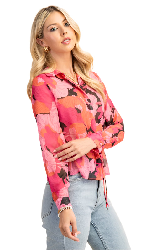 Sheer Vibrant Floral Print Button Up Top