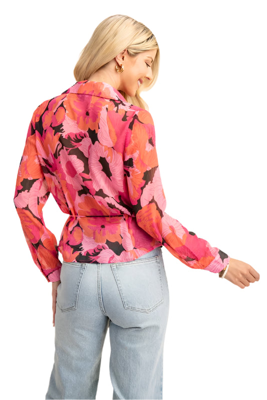 Sheer Vibrant Floral Print Button Up Top