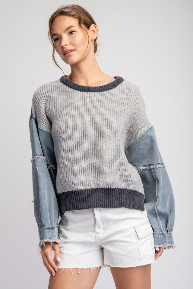 Mineral Washed Denim Sleeve Sweater Top