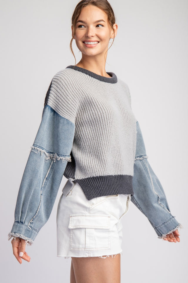 Mineral Washed Denim Sleeve Sweater Top