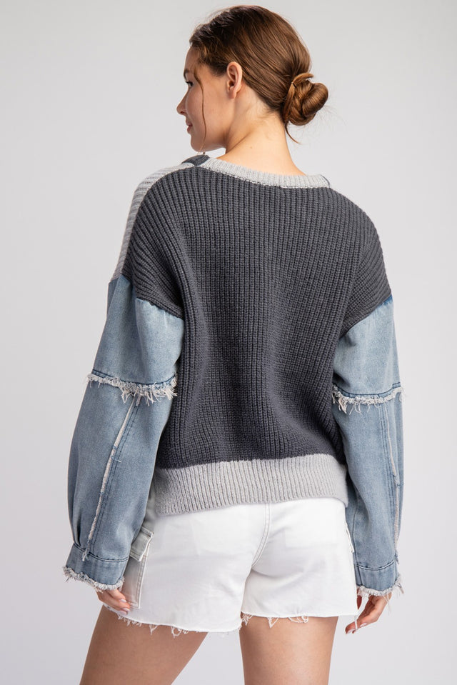 Mineral Washed Denim Sleeve Sweater Top