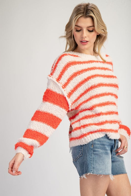 Striped Fleece Round Neck Sweater